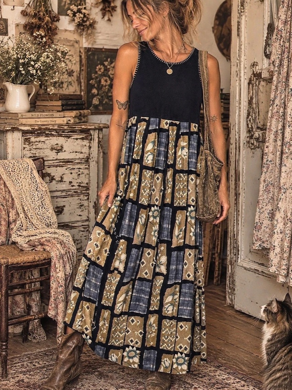 Vintage Karin Stevens Printed Maxi Dress Size 10 Patchwork Floral Folk Art